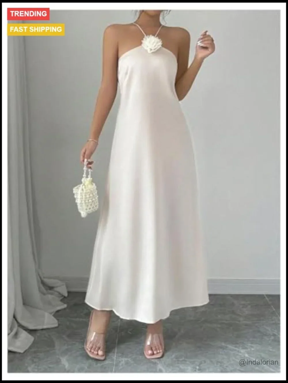 Polyester 3D Floral Halter Dress Criss Cross Backless Sleeveless Maxi